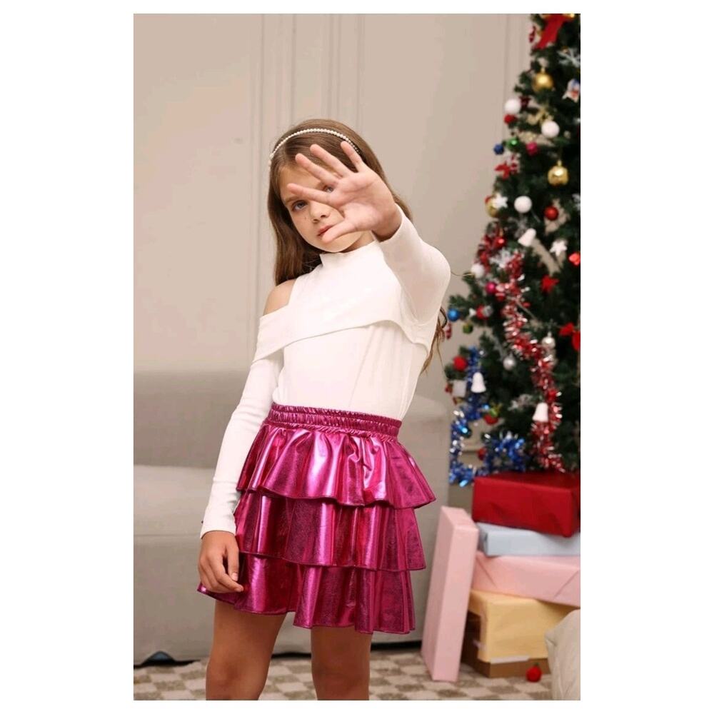 GRACE KARIN Girls Metallic Party Skirt Girls Fashion 3 Layer Ruffle Skirt Sz 14 - Picture 2 of 9